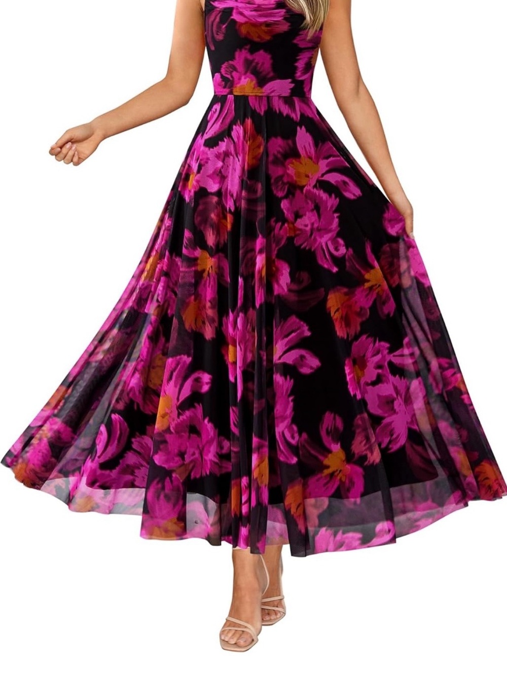 Pink black floral wedding guest dress maxi